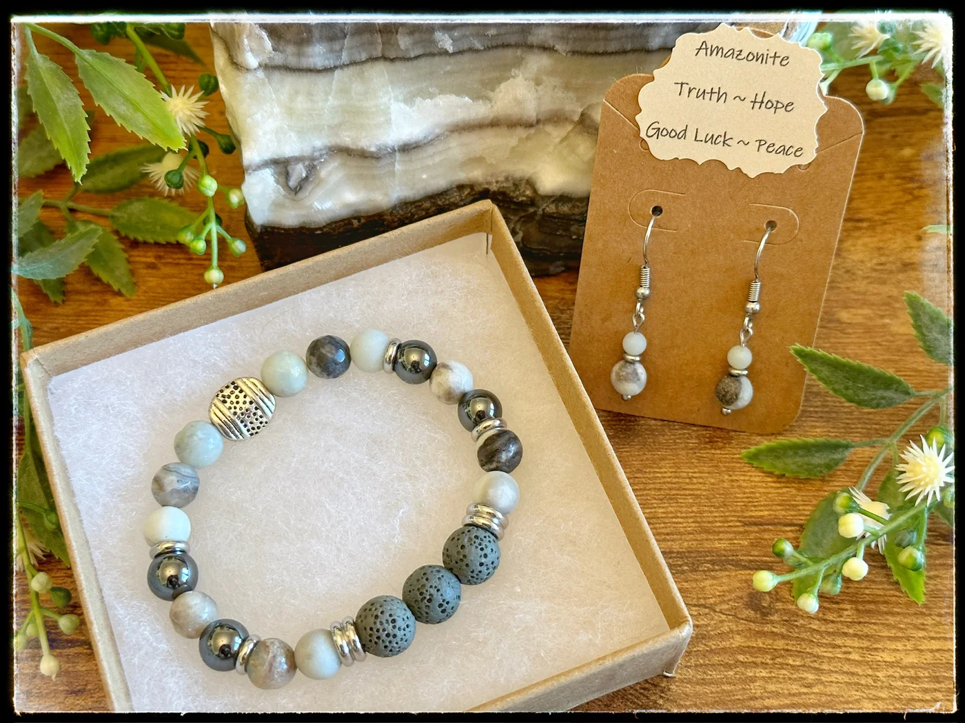 Coordinating beaded bracelet and earrings displayed together