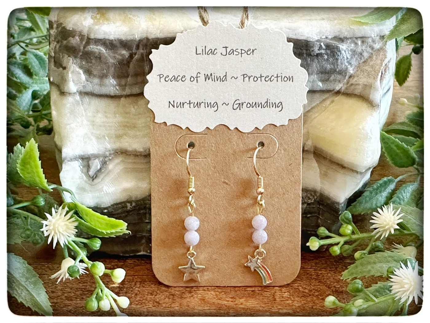 White jasper bead earrings with small silver-tone charms