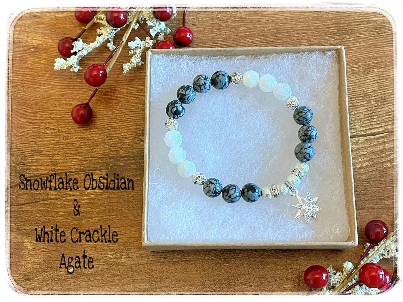 Black and white snowflake obsidian and white crackle agate bracelet