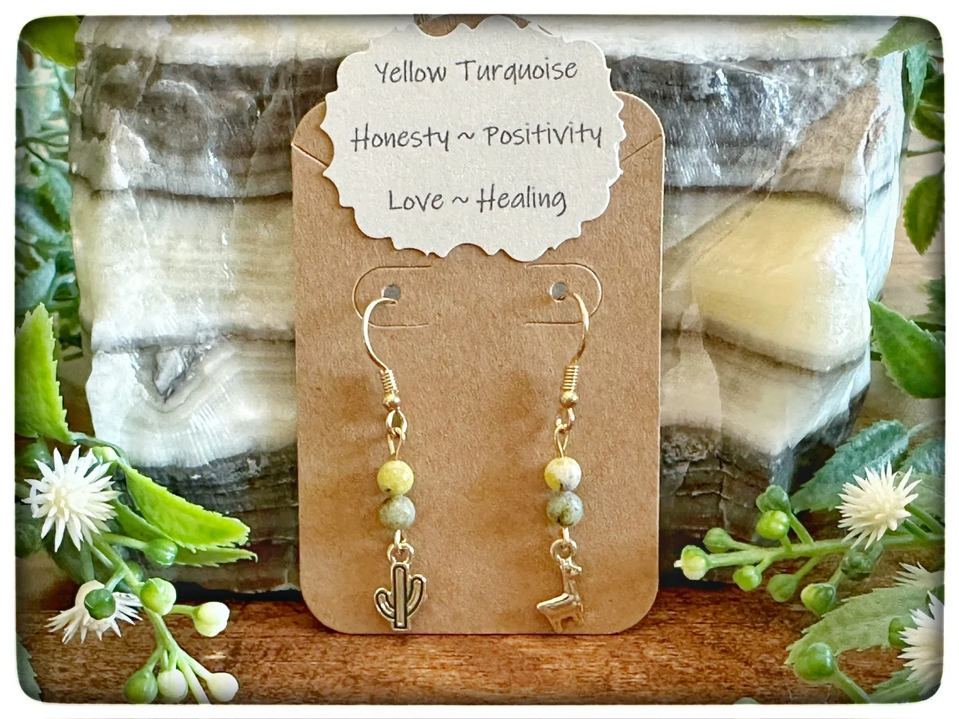 Yellow turquoise earrings on their original labeled display card